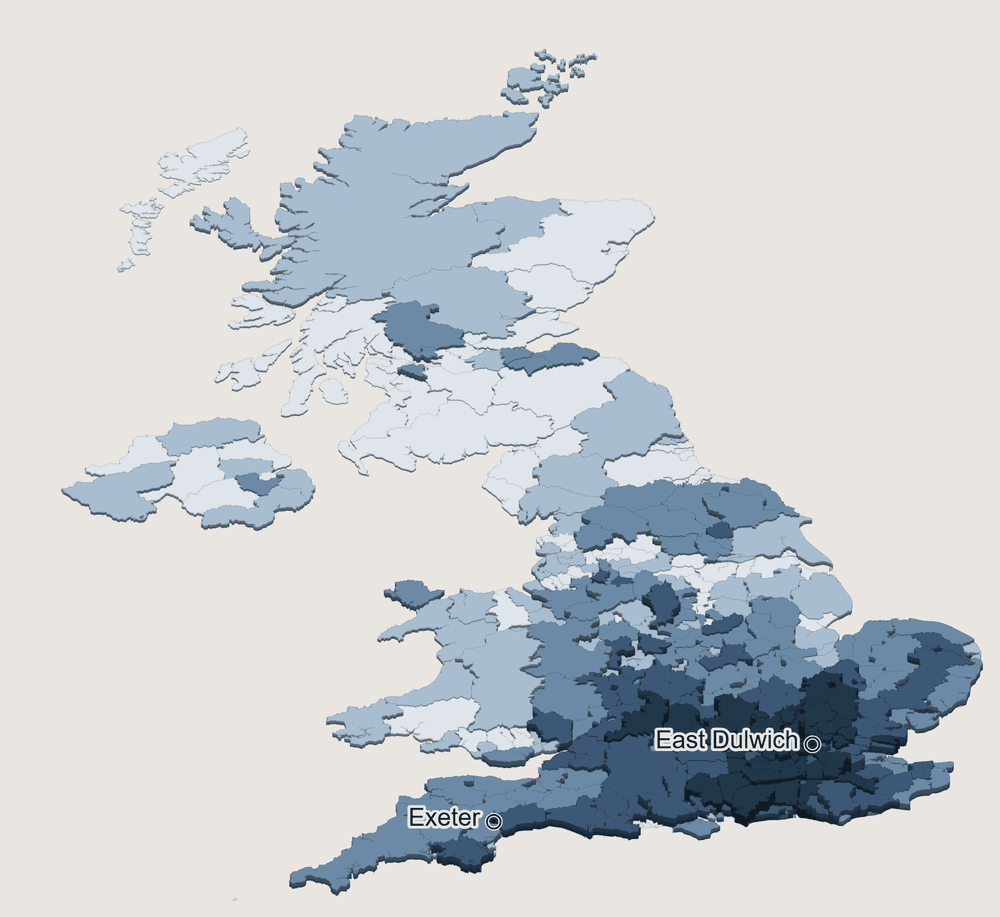 Every local authority in the United Kingdom shaded by its average house price, drawn in three dimensions with each one raised by its own figure. Light and low is cheap, dark and tall is dear. The South East is the darkest and the tallest; Scotland, Wales and the North are the palest. East Dulwich is marked in south London and Exeter in Devon.