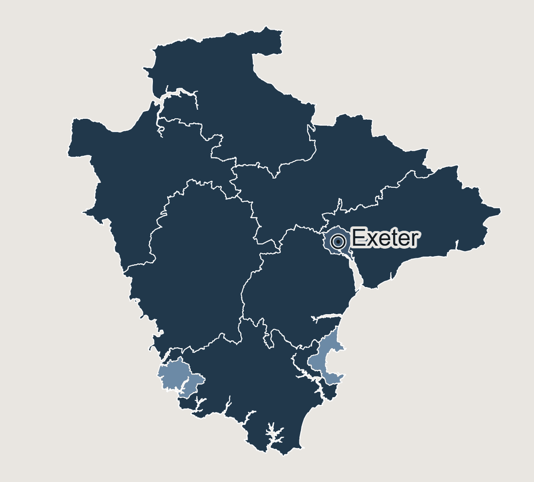 The ten Devon authorities shaded by council tax at band D. Every one except Plymouth and Torbay is in the darkest shade. Exeter is marked on the east coast.