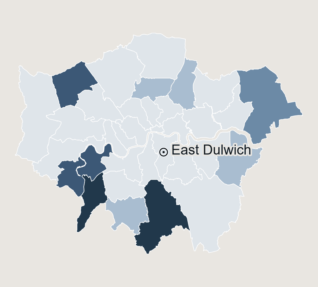 The 33 Greater London boroughs shaded by council tax at band D. Almost all are in the lightest shades. East Dulwich is marked in the centre south.